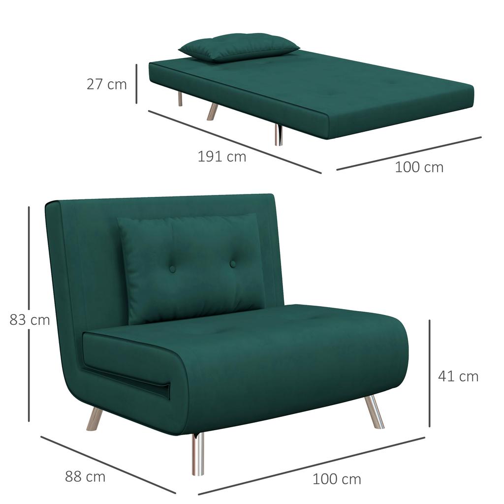 Single Bed Armchair 3 in 1, Reclining Armchair with 3 Levels with Velvet Covering and Cushion, 100x88x83cm, Dark Green