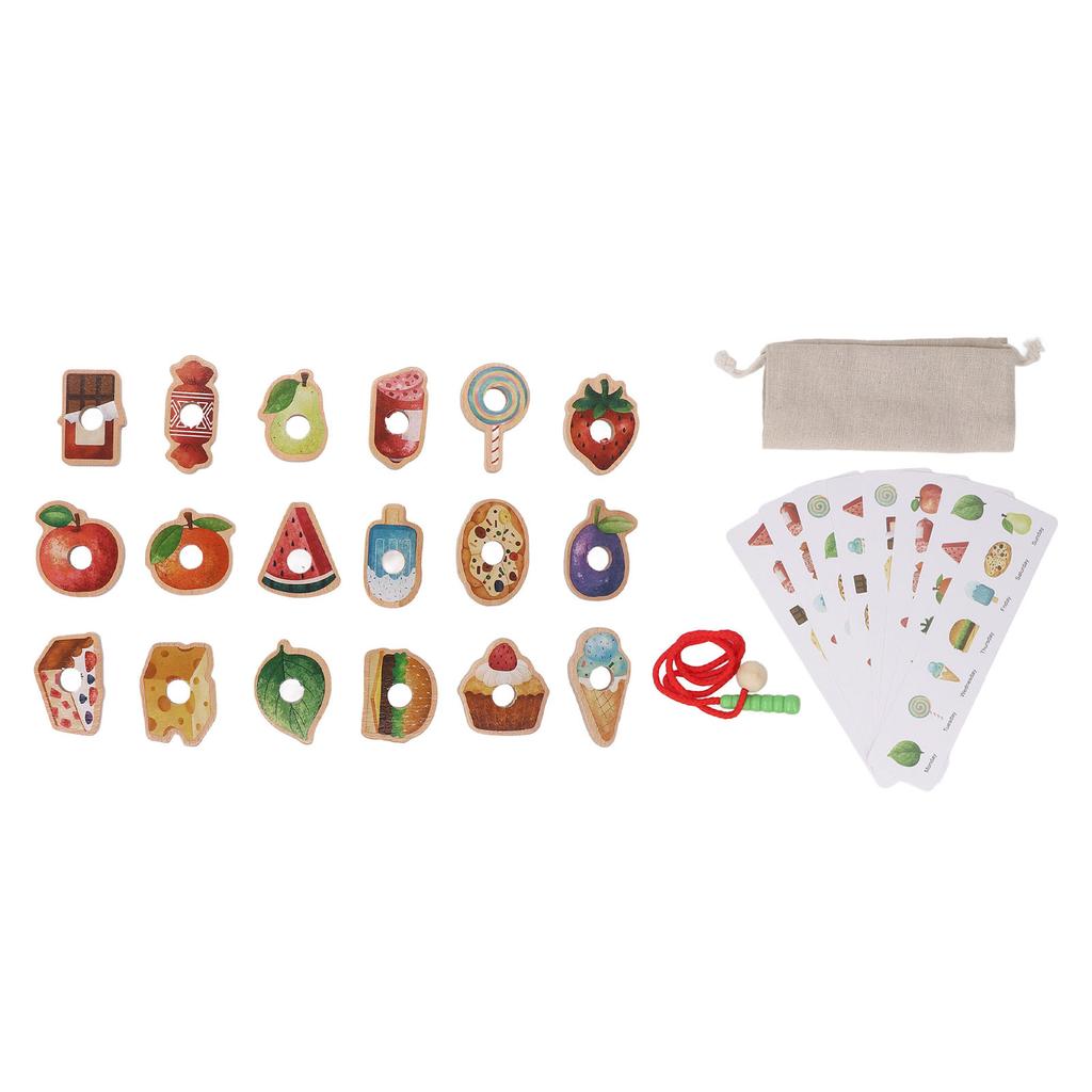 Wooden Threading Toy Fine Motor Skills Early Learning Food Fruit Shape Blocks Lacing Toy for