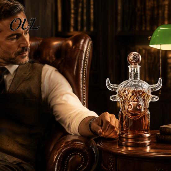 Bauernhaus Stil Glas Vitrinenflasche Schottische Hochlandkuh Whiskey Karaffe, Einzigartiger Kopf Spirituosen für Nachfüllbarer Behälter Hausbar, 350ml Rustikale Aufbewahrung