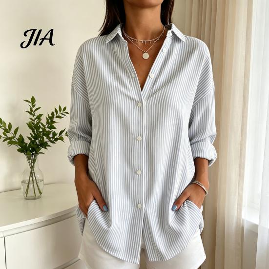 Machine Washable Shirts Women Striped Shirt for Summer Autumn, Button Down Single Long Sleeve Breasted Blouse, Dressy Casual Collared Top Office Work