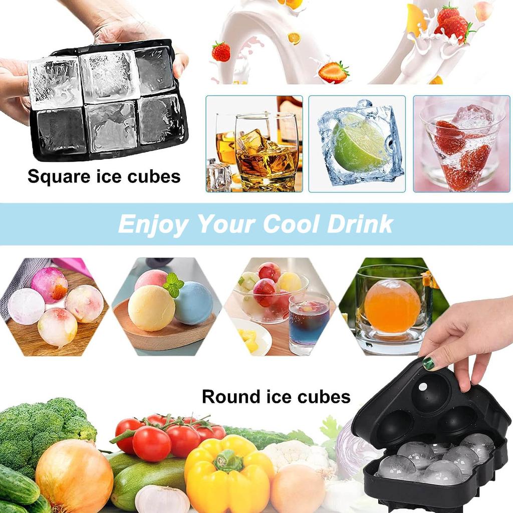 Ice Cube Trays (Set of 2), Silicone Sphere Ice Cube Mold with Lid & Large Square Ice Tray for Whiskey Cocktails