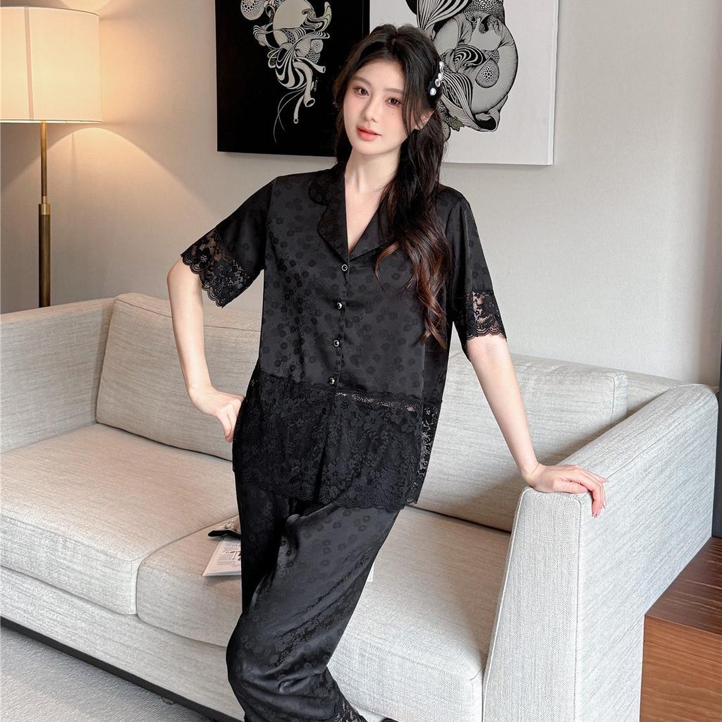 Pajamas women's ice silk summer new sexy lace splicing trousers short-sleeved two-piece set ice and snow silk loungewear set