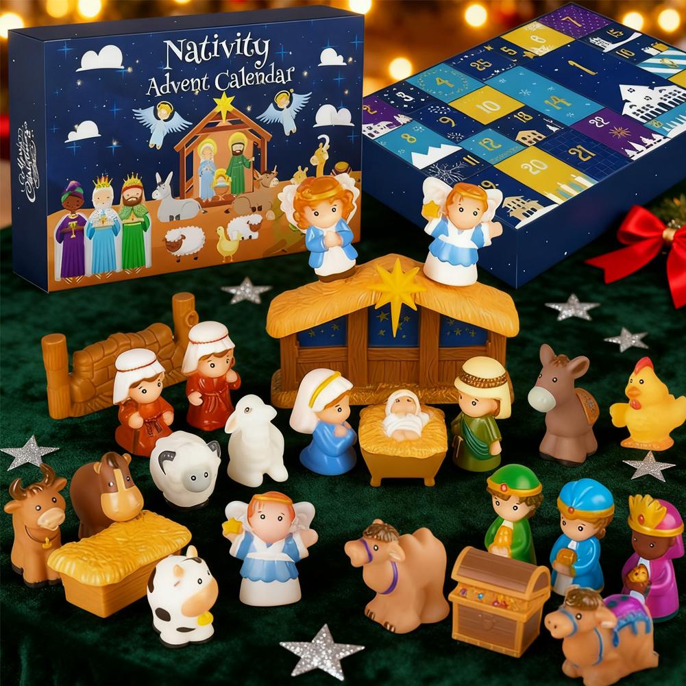 Krippenset Adventskalender 2025, Krippenset Figuren für Kinder Weihnachts-Countdown-Kalender mit 25 Überraschungen Tischszene Figur