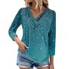 Womens 3/4 Sleeve Daily Weekend V Neck Casual Printed Tshirts Loose Fit Pleated Tees Button Down Shirts