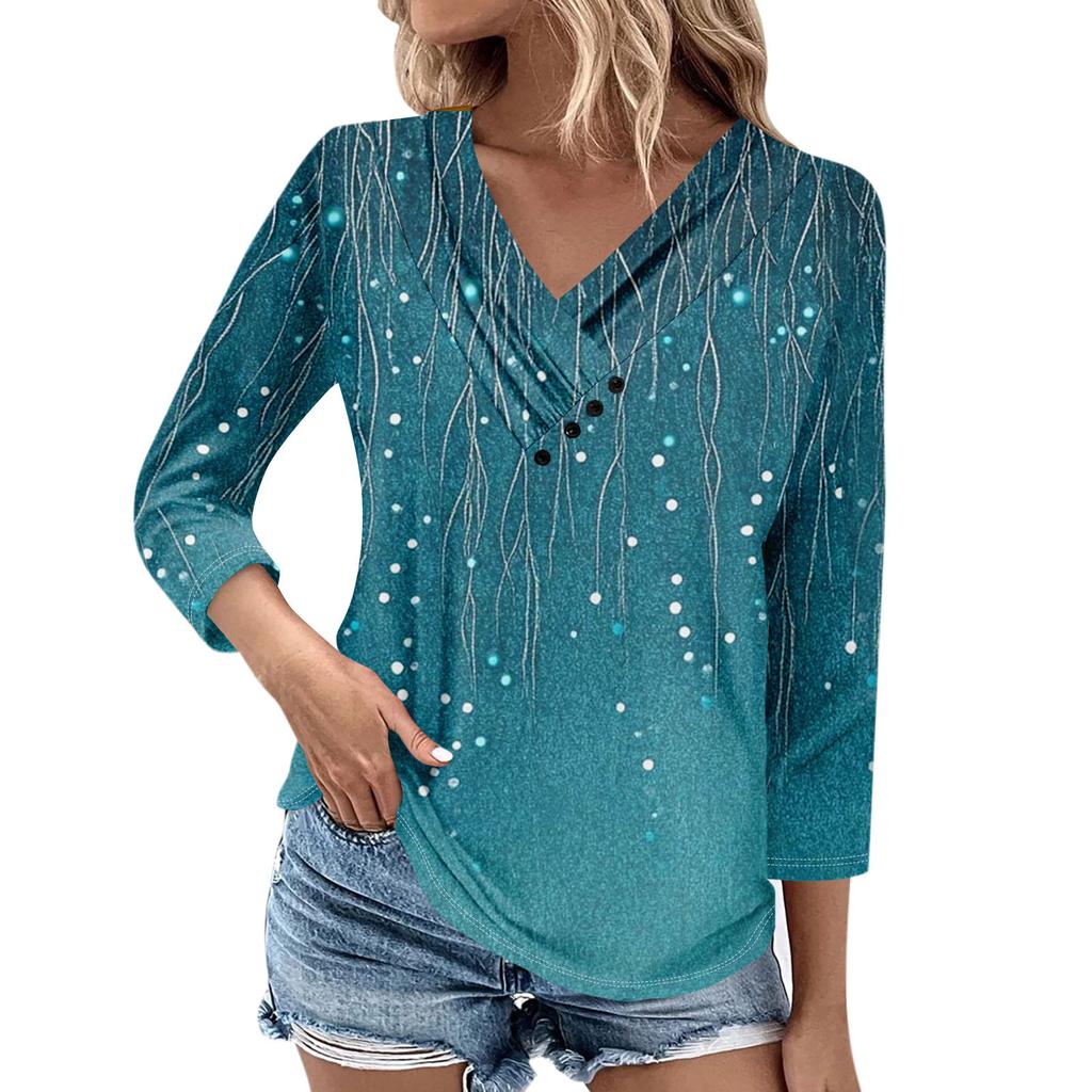Womens 3/4 Sleeve Daily Weekend V Neck Casual Printed Tshirts Loose Fit Pleated Tees Button Down Shirts