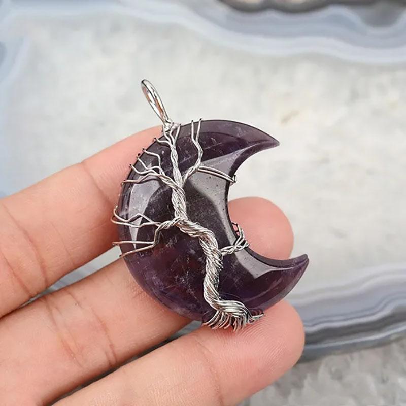 Natural Crystal Pendant Wire Wrap Tree Of Life Big Moon Crescent Mineral Stone Pendulum Amethyst Quartz Necklace For Women Gift