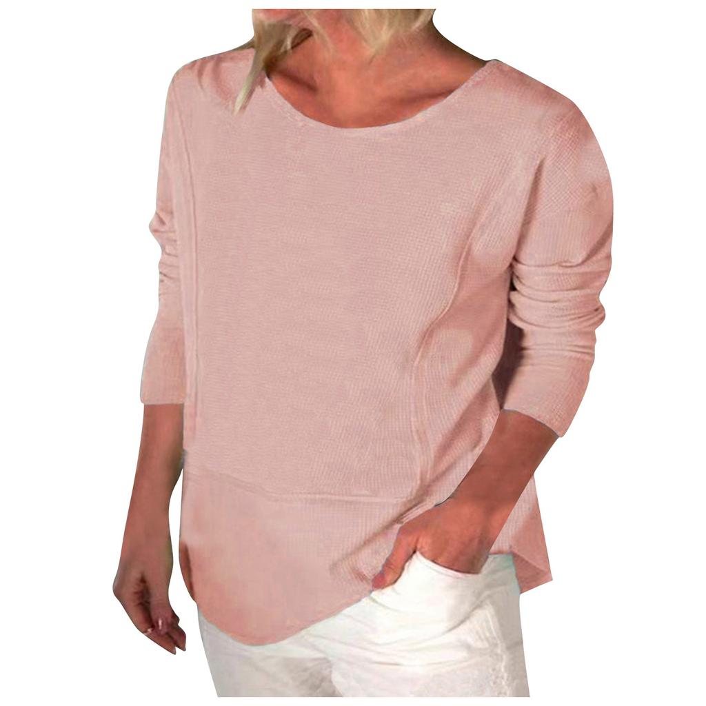 Fashion Women's Casual Solid Color Round Neck Long Sleeve Loose T Shirt Tops
