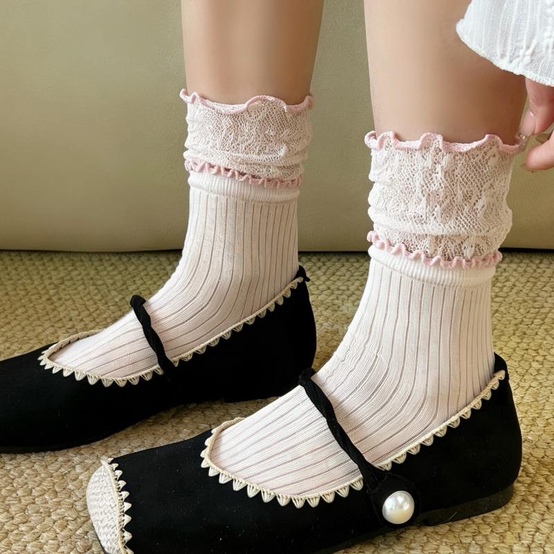 

Spring and Summer Lightweight Socks - Children s Mid-Length Lace-Trimmed Padded Socks with Vertical Stripes - Simple Cotton Socks 1 pair рожевий