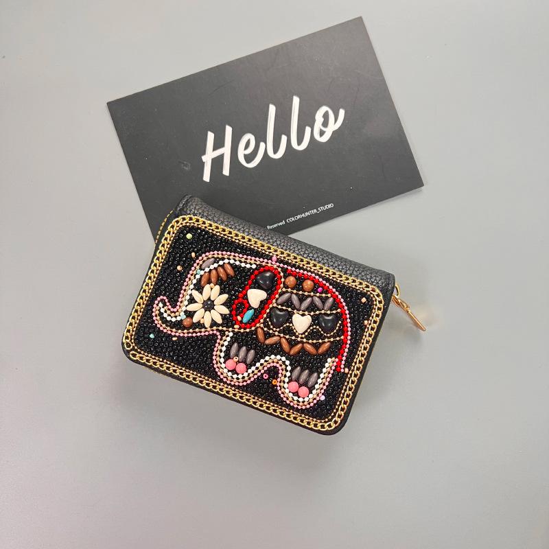 Ethnic Style Card Holder - Multi-layer Premium Hand-feel Vintage Delicate Beaded Zipper Pocket