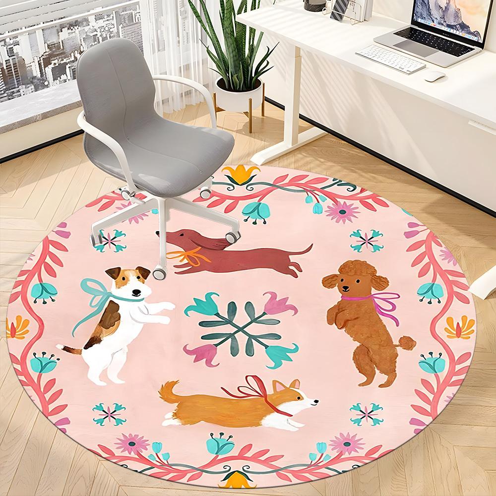 1PC Dogs Floral Office Round Area Rug, Indoor Mat Suitable For Office, Under Office Chairs Bedroom Living Room Home Decor, Room DecoT1223070