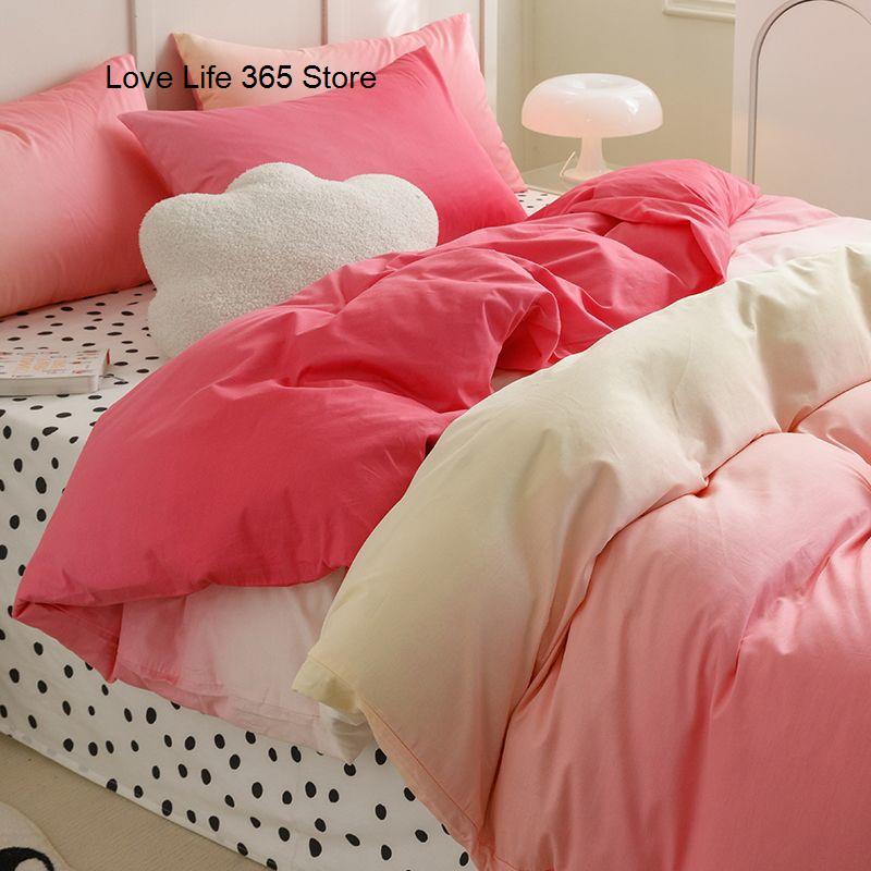Gradation Pink Color Bedding Set Flat Bed Sheet Duvet Cover Single Double Full Queen King Bedclothes Ins Pure Bedroom Linen