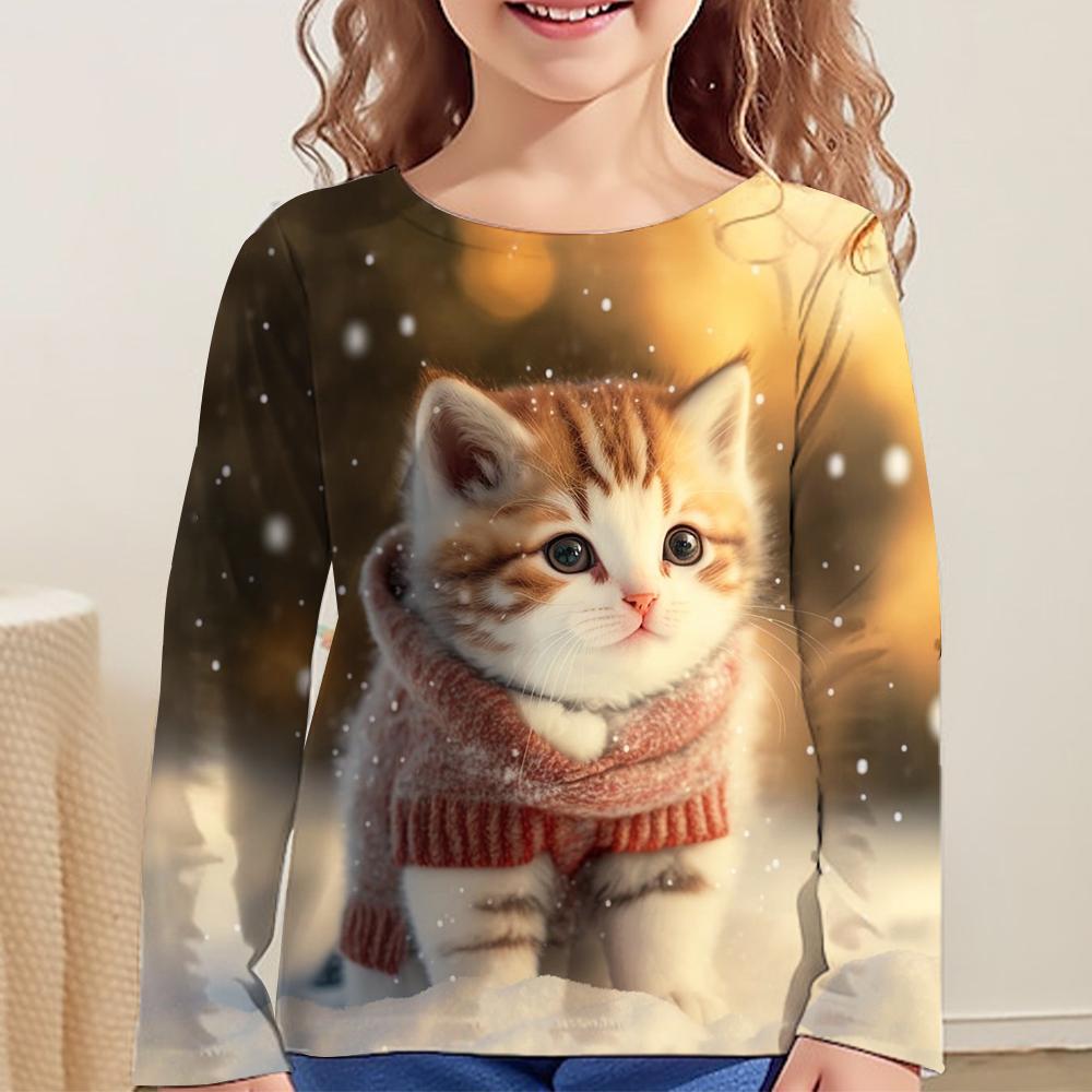 Children's Clothing Long Sleeve Cat Print O-Neck Kids Spring Fall Clothes Fashion Cartoon Girls Clothes T-Shirt Streetwear Tops