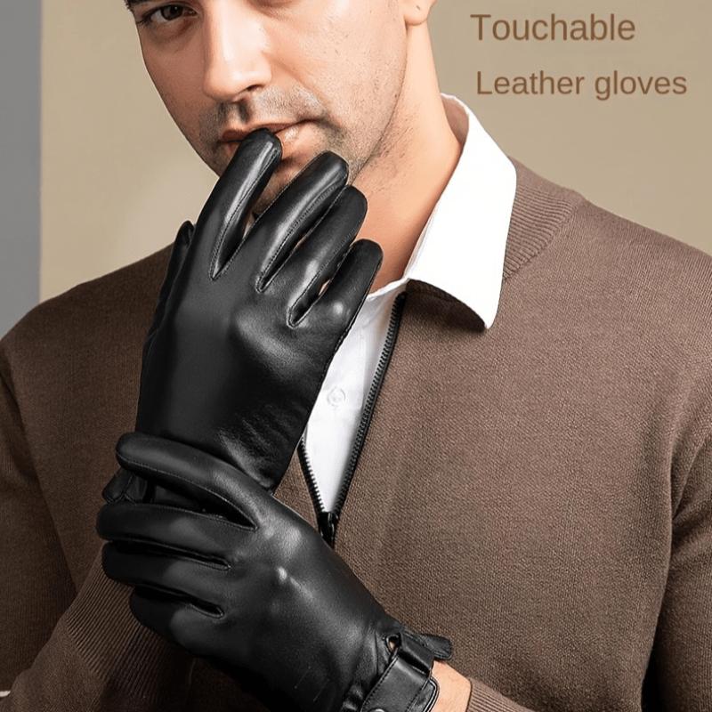 Unisex Button Closure Monochrome Gloves Elegant Genuine Leather Split Finger Gloves Autumn Winter Velvet Lined Warm Waterproof Gloves