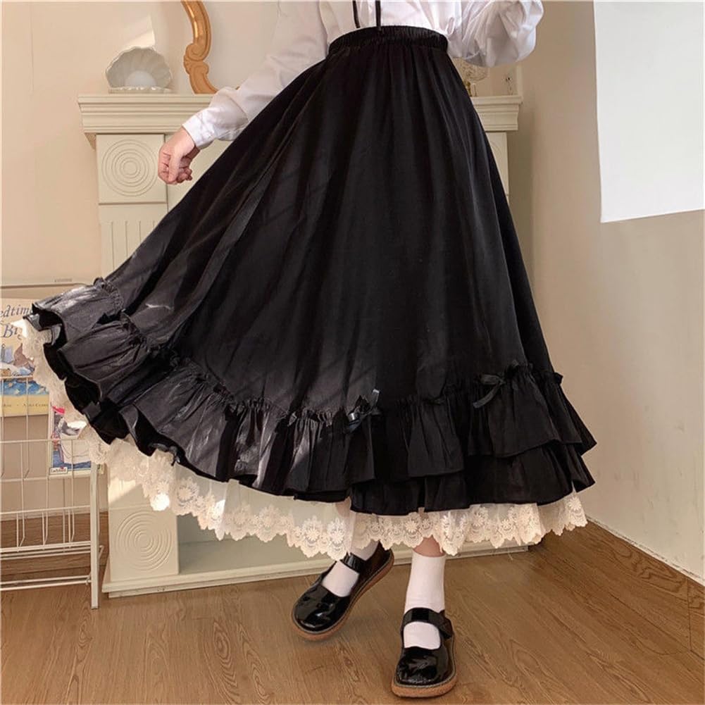 Pleated Skirt with Lace High Elastic Solid Half Everyday Fall [SDSXZWG] Women's Bowknot, Waist, Dress, Ruffles, Color, A-Line, Casual, Cute,