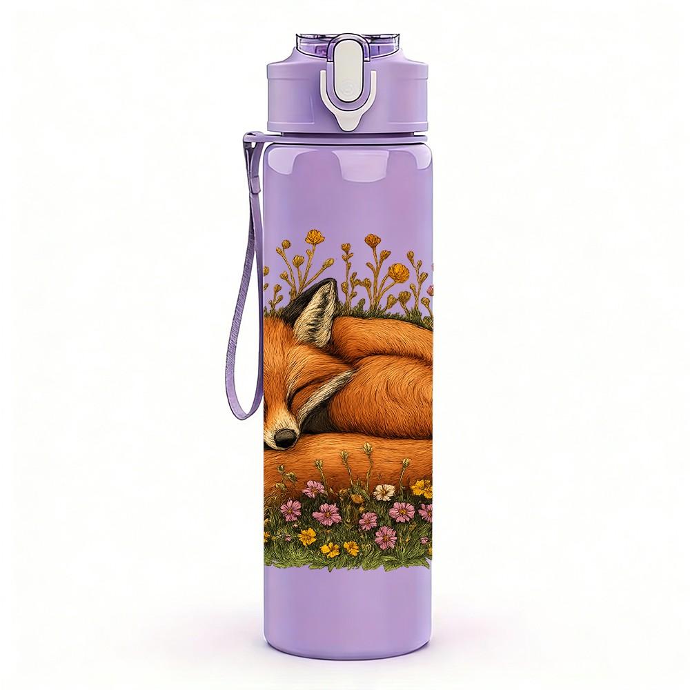 1PC Wild Flower Sleeping Fox 750ml Color Plastic Sports Water Bottle Leakproof Flip Straw Lid Suitable for Sports Office Home Use
