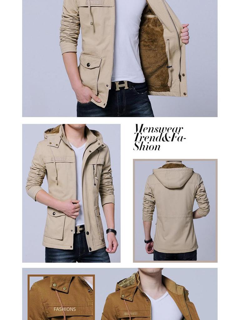 Abrigo Cortavientos Casual de Longitud Media para Hombre Otoño/Invierno con Terciopelo Lavado - Tendencia Talla Grande