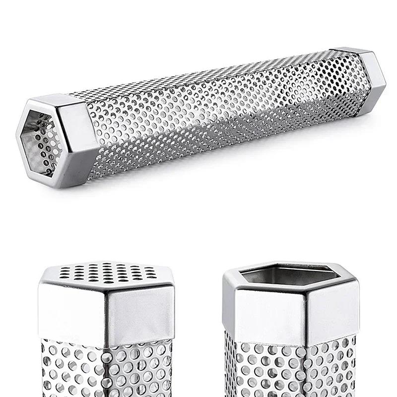 6/12 Inch BBQ Stainless Steel Smoker's BBQ Tube Perforated Mesh Filter Gadget Particle Smoking Generator Hexagon Smoker Box