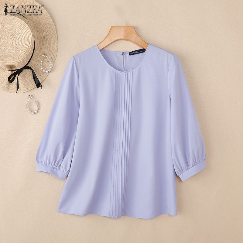 ZANZEA Damen Freizeit Rundhals Einfarbig 3/4 Ärmel Bluse