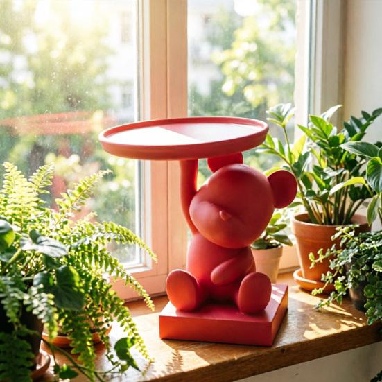 Bear Key Dish Bowl for Entryway Table 3D Printed Cute Bear Statue with Tray Cartoon Animal Figurine Candy Dish for Indoor Home Decor