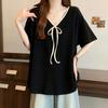 NaVaVa Women Loose FiT Ribbon V Neck ShorT sleeVe T shirT nT2651