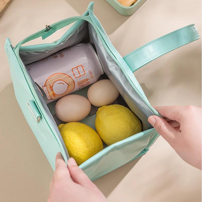 Portable Waterproof Lunch Bags PU Leather Food Picnic Lunch Box Insulated Women Cooler Bags Ice Pack Drink Carrier Thermal Bag