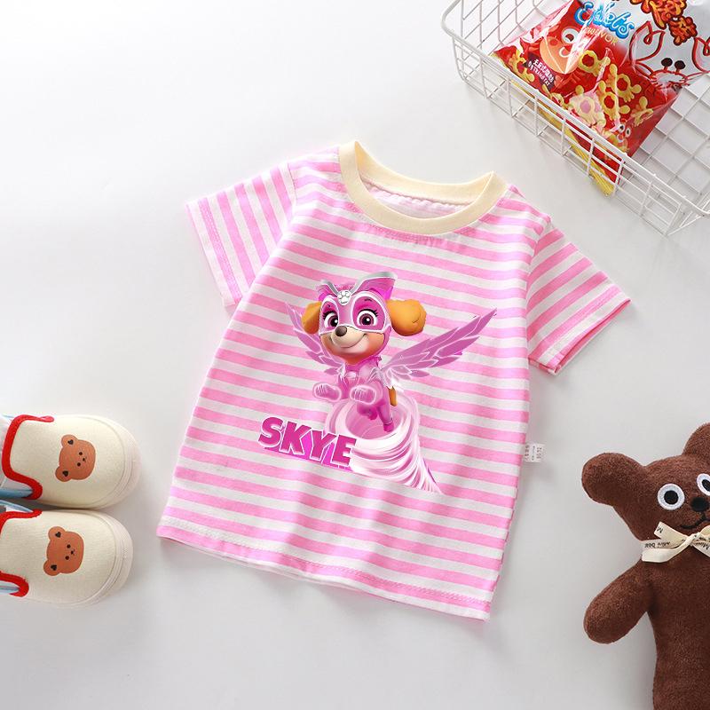 Children's Striped Short-sleeve Top, Fashionable Striped T-shirt, Printed Paw Patrol Girl Pink Striped T-shirt, Baby Summer