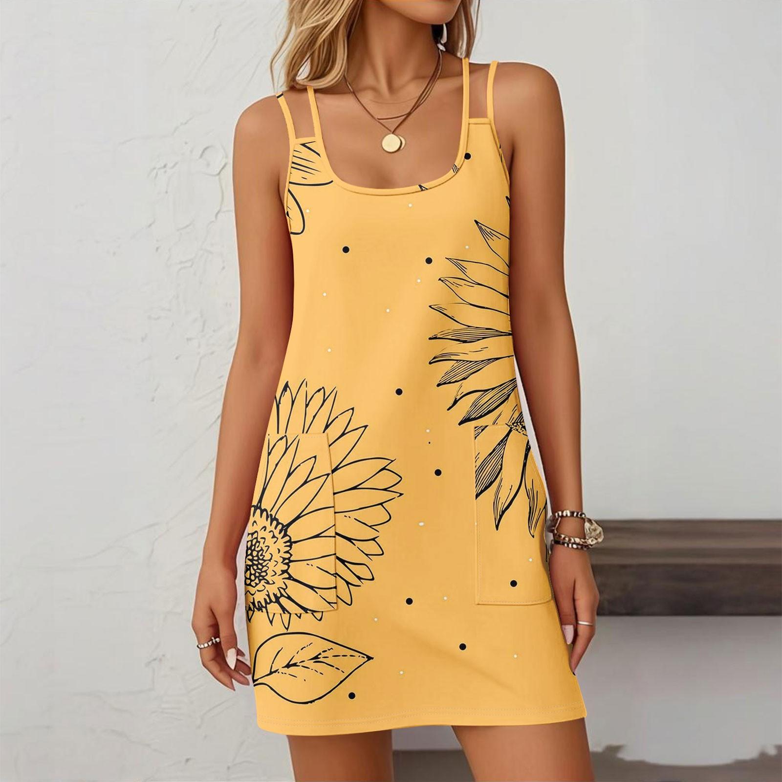 

Женская мода повседневные винтажные цветочные платья с карманами платья XL жёлтый