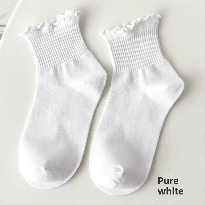Damen Koreanische Spitzen-Tubesocken - Weiß, Holzohr-Kante, Lang, Trendy, Frühling/Herbst, Japanischer JK-Stil.
