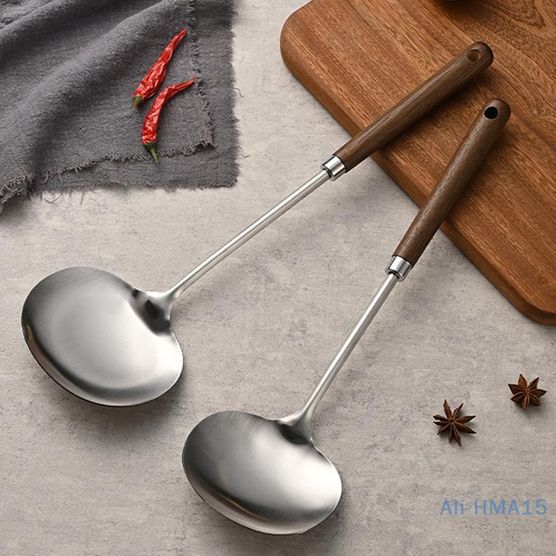 Espátula para Wok de Acero Inoxidable Cuchara de Cocina Específica para Chef Mango Largo de Madera Pala para Champiñones Utensilios de Cocina para Cocinar
