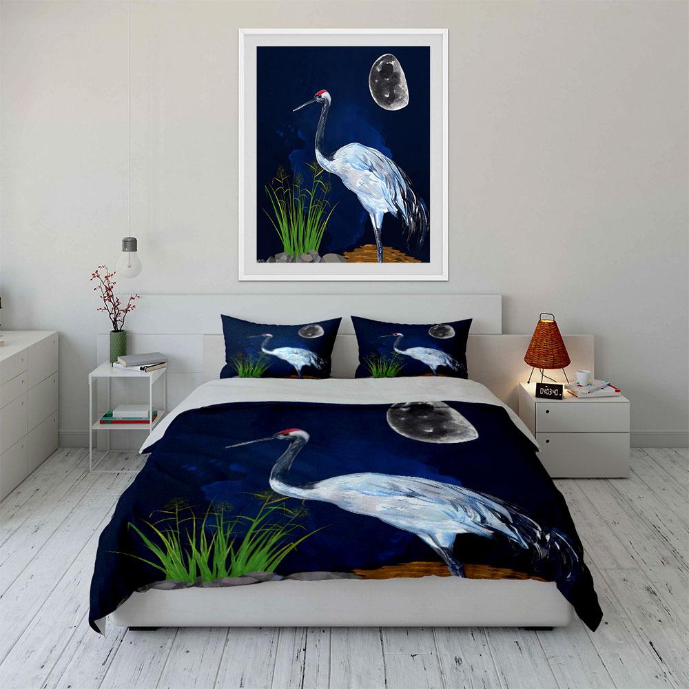 3Pcs Japanese Red-Crowned Crane Bedding Set, Watercolor Crane Under Moon Print Duvet Cover + 2 Pillowcases,Exquisite Gifts
