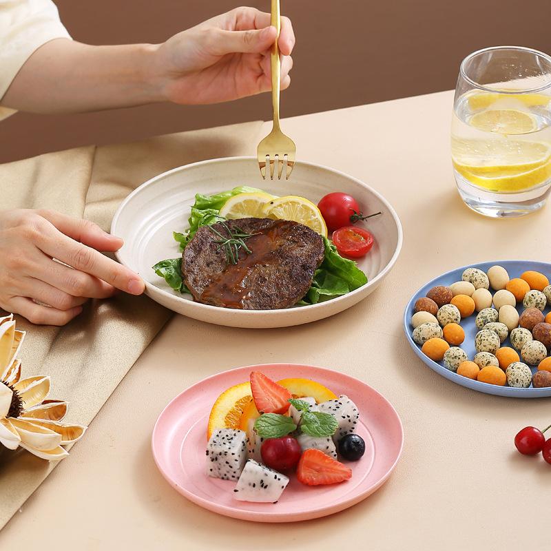 Wheat Straw Round Vegetable Plate Household Large Vegetable Plate Set Drop-Resistant Snack Plastic Plate Fruit Plate