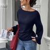 Ladies Spring Autumn Flare Sleeves Round Collar Solid Color Slim Fit Pullover Casual Shirt Top