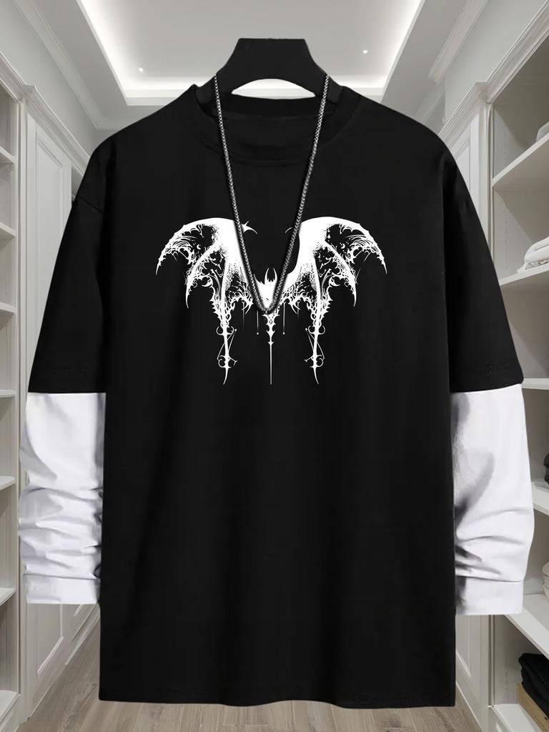 Mens Spliced Sleeve Long Sleeve T Shirt, Casual Crew Neck Streetwear Tops, Oversized Fit Tee for Daily Outdoor Work Commute Leisure Wear