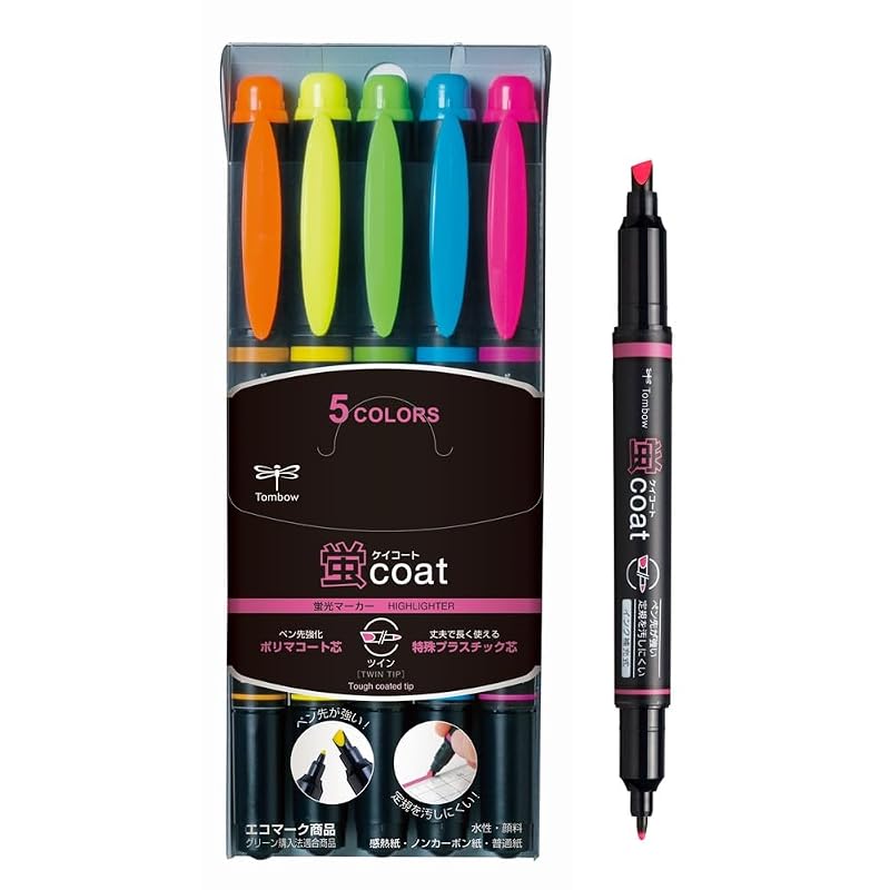 Tombow Pencil Fluorescent Pen, Kei Coat Twin Type (Strong Pen Tip! Polymer Coated Lead), 5 Colors, WA-TC5C