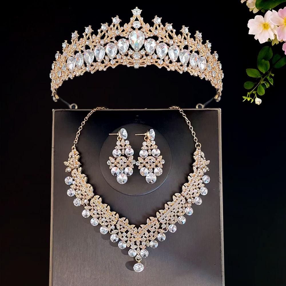 Neues Brautdiadem Krone Dreiteiliges Set Hochzeitskette Ohrringe Kristallset Hochzeitsaccessoires