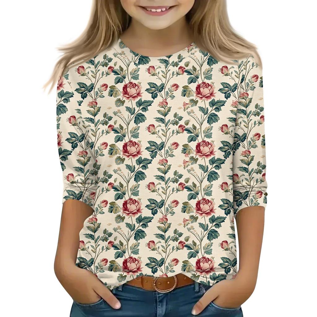 Print Tops For Youth Girls Round Neck 3/4 Sleeves T-Shirts Trendy Tops Outfit Tees