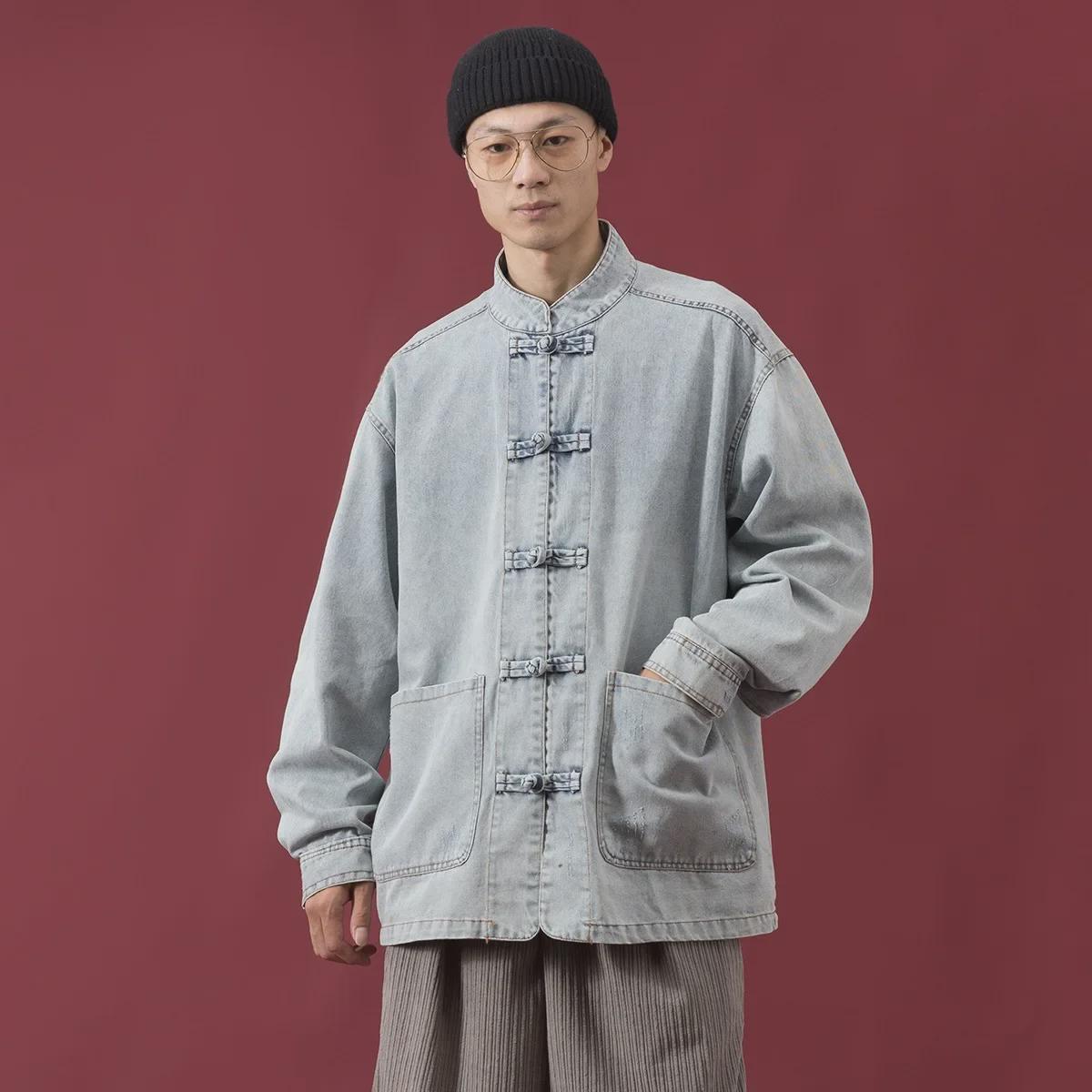 

2024 Осенняя унисекс-куртка свободного кроя с пуговицами в китайском стиле из денима 3XL светло-синий