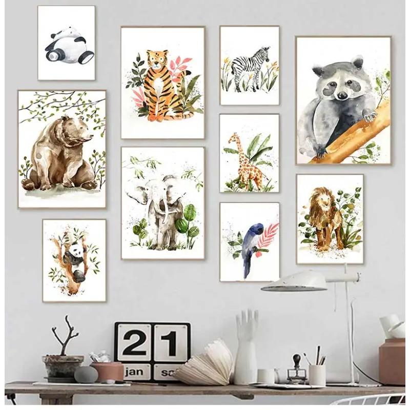 Cartoon Cute Animal Bear Lion Tiger Panda Rabbit Jungle Art Poster Canvas Painting Wall Print Picture for Living Room Home Decor