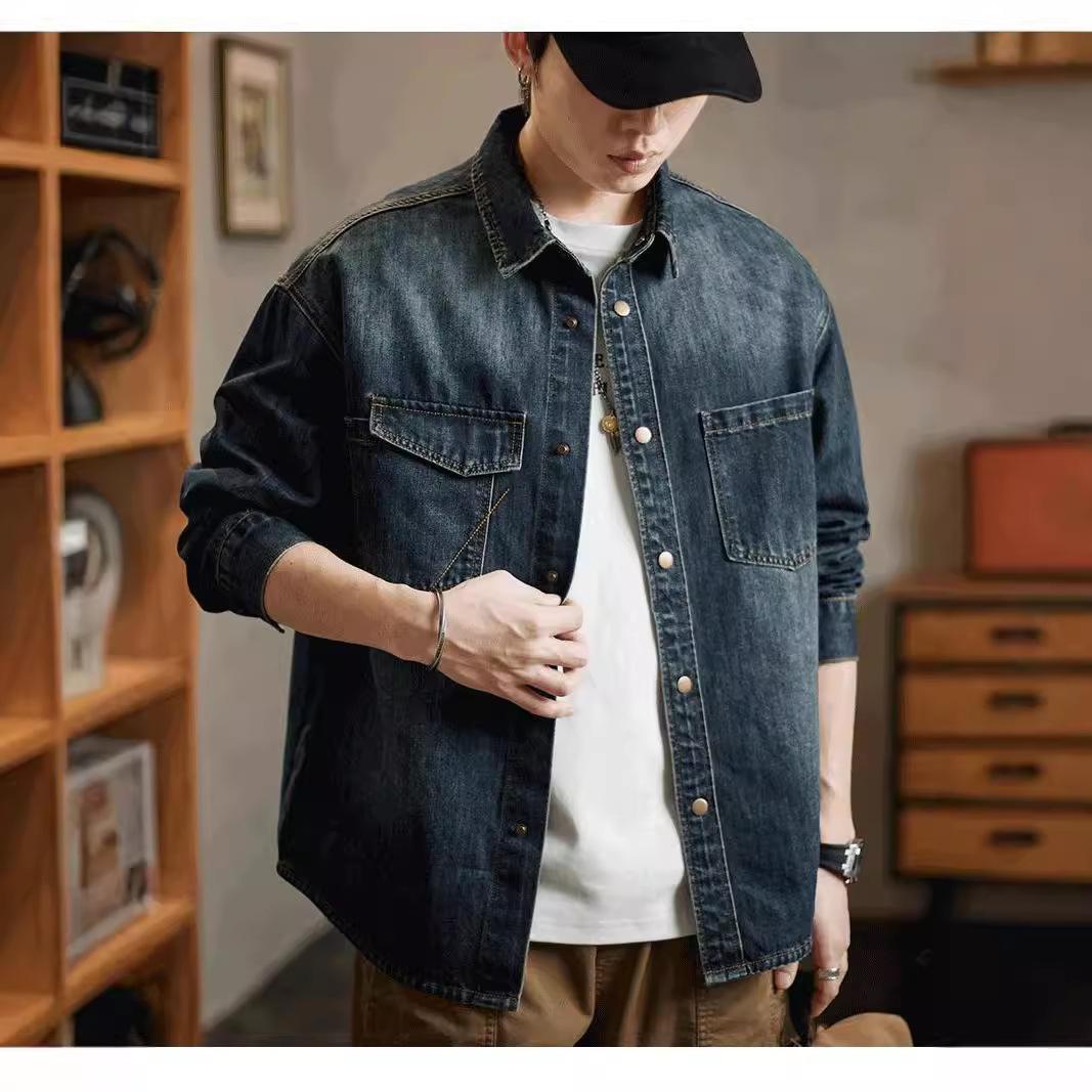 American retro long-sleeved denim shirt men s autumn trendy brand ruffian handsome loose pocket splicing tooling jacket jacket M синий
