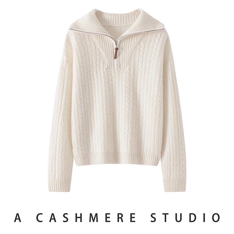 Women's Light Luxury Thickened Cashmere Cable Knit Cardigan Sweater, Half Zip Lapel, Autumn Winter 2026 Collection
