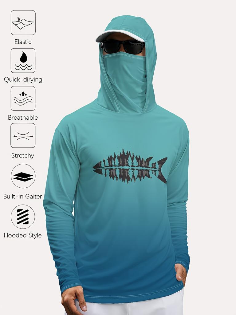 Men'S Outdoor Long Sleeve Hoodie with Mask Breathable Quick-Drying Stretchy Fishing Shirt Forest Fish Print Top