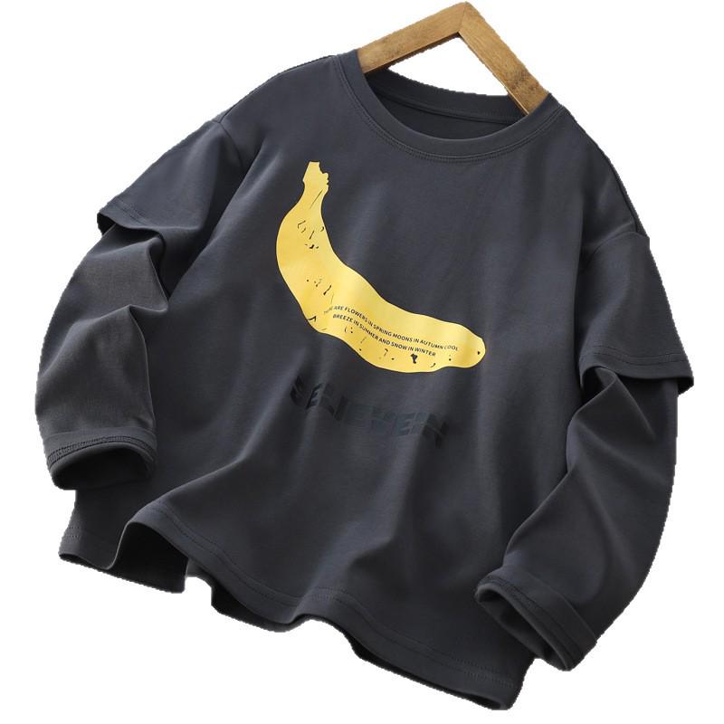 2025 Autumn Big Kids Banana Print Fake Two-Piece Casual T-Shirt