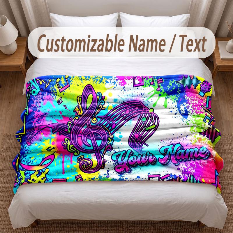 Music Theme Soft Blanket Personalized Custom Name Text Print Warm Blanket Home Sofa Bedroom Decor