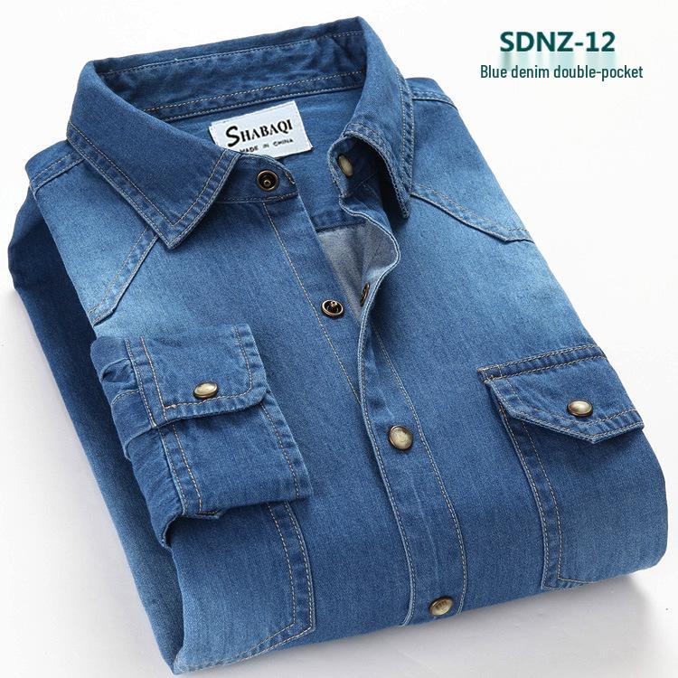 Men's Trendy Spring Classic Cotton Denim Long-Sleeve Shirt with Double Pockets
