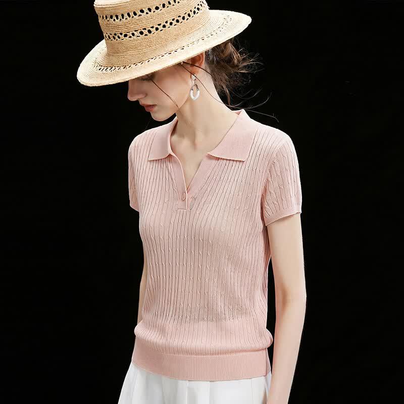 Women's Tencel Linen Ribbed Knit Polo T-shirt