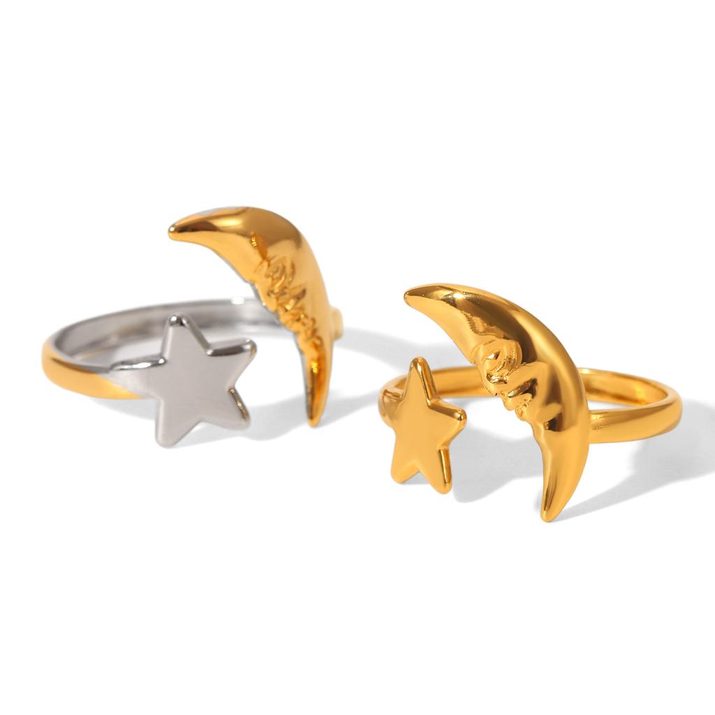 18K Gold Stainless Steel Star and Moon Open Ring, Stylish Color-block Adjustable Ring for Women