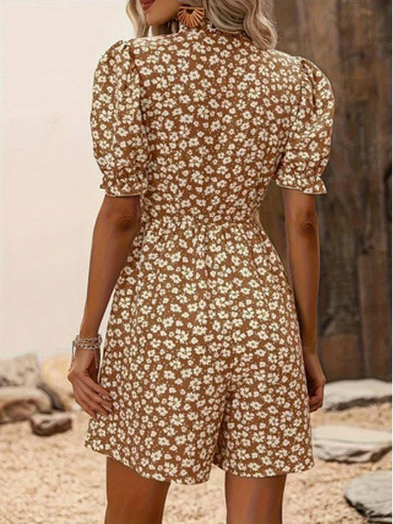Temu Women's Daisy Print Puff Sleeve Jumpsuit - Fashionable Holiday Wear