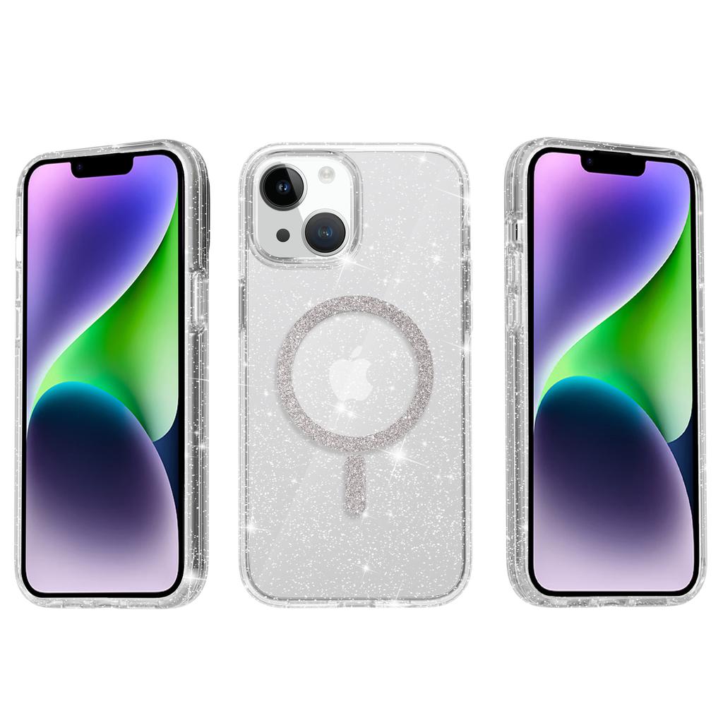 For iPhone 15 Plus/14 Plus Phone Case Compatible with MagSafe Glitter PC+TPU Hybrid Shockproof Cover