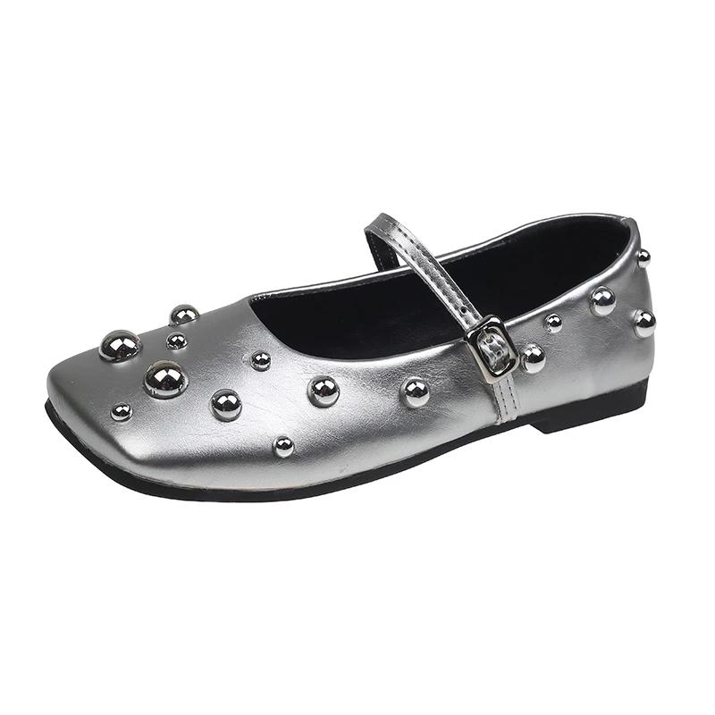 

Fashion Square Toe Studded Flats Women s Autumn New Shallow Slip Strap Soft Sole Non-Slip Low-Top Single Shoes 40 серебряный
