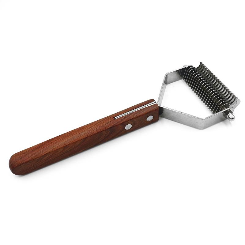 

Pet Shedding Comb & Knot Remover with Scissors, Wooden Handle & Stainless Steel Blade